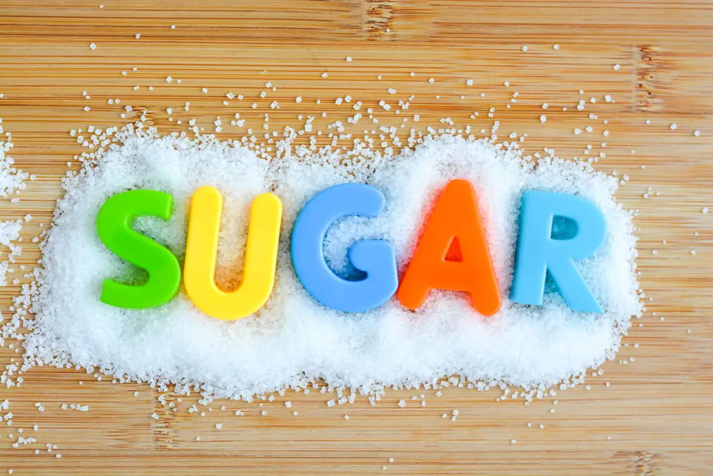 Sugar spelled out on background of sugar